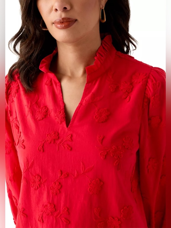 crown & ivy Tops - Crown & Ivy Red Embroidered Floral Blouse Medium Cotton Puff Sleeve Boho Top